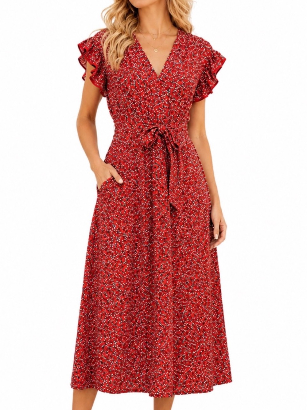 MAX STUDIO Red Floral V-Neck Midi Dress Short Ruffle Sleeves Tie Waist Boho Sz S